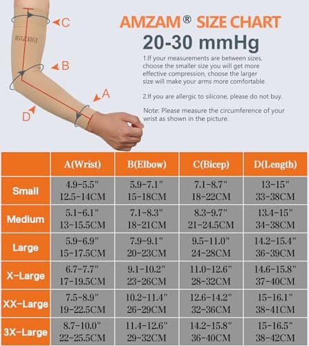 AMZAM® Medical Compression Arm Sleeve for Women & Men, 20-30 mmhg Graduated Compression Brace with Silicone Band for Pain Relief, Lymphedema, Edema, Swelling, Arthritis, Beige S — view 3