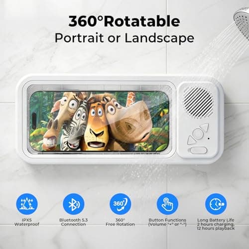MRLTOP Waterproof Shower Phone Holder with Bluetooth Speaker IPX5 Bathroom Phone Mount 360 Rotatable Suction Cup Wall Mount Universal Compatibility — view 2