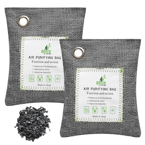 2 Pack 100g Bamboo Charcoal Bags, Grey Linen Fabric Activated Charcoal Odour Absorber, Activated Charcoal Bags with Hanging Holes, Odor Eliminator for Bathroom Wardrobes Cars