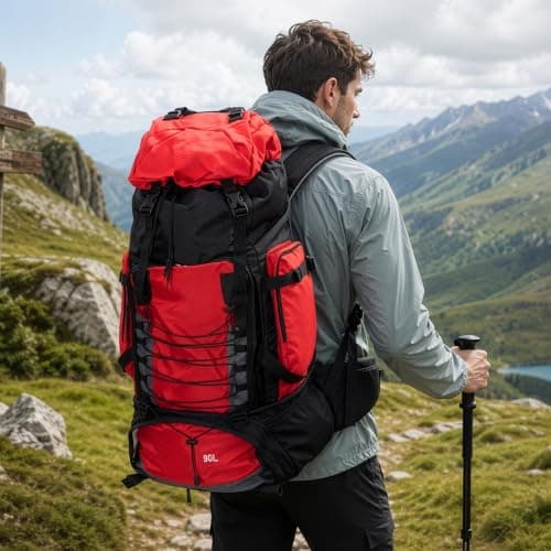 Waterproof Hiking Backpack Large Capacity Trekking Rucksack (90L Red) — view 3