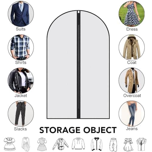 Garment Bags,5PCS Dustproof Garment Covers PEVA Translucent Clothes Covers with Zip Moth Proof Suit Protector Bags Waterproof Dress Covers for Shirts Coats Costumes (60X100cm) — view 3