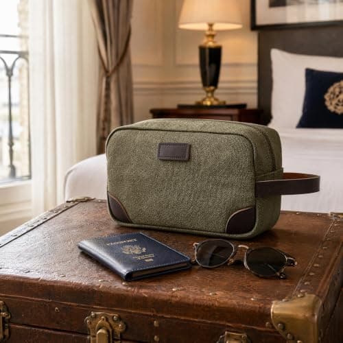Unisex Canvas Toiletry Bag Travel Wash Bag for Men and Women, Water-Resistant Makeup Bag Shower Bag for Travel Essentials and Holiday Accessories, Army Green — view 3