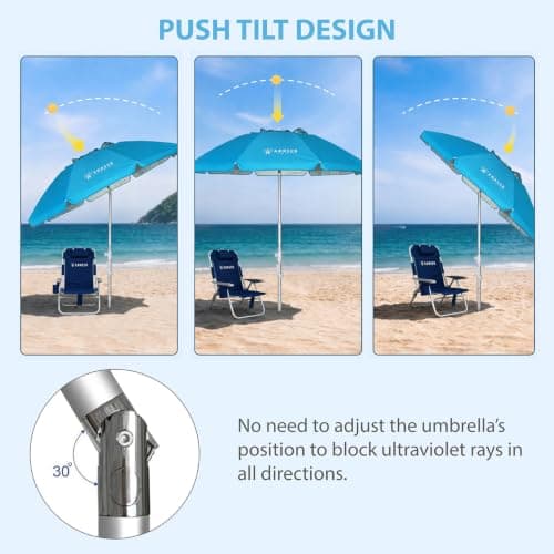 AMMSUN 6.5ft twice folded Portable beach umbrella with sand anchor windproof,Push Button Tilt and Air vent UV 50+ Protection Fits in a large Suitcase for Patio Garden Beach Pool Backyard Sky Blue — view 3