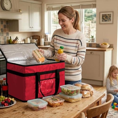 70L Insulated Thermal Bag for Food Delivery – Extra Large Cooler Bag, Heavy Duty Foldable Cool Bag for Grocery Shopping, Picnic & Commercial Use (1, Red-70l) — view 3