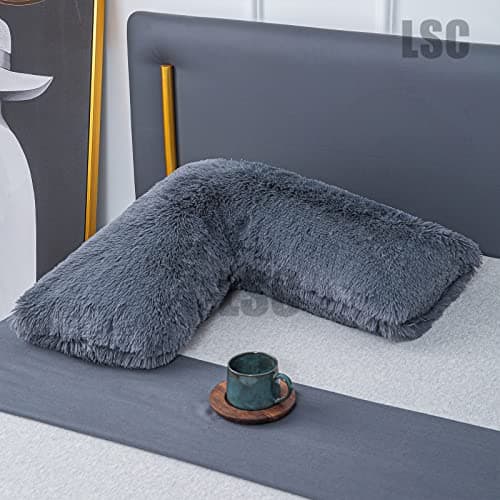 LSC Orthopedic V Pillow Soft & Fluffy Sherpa Teddy HUG & SNUG Fleece Pillows to Support Head, Neck and Back V-Shaped Nursing Pillow with Non-Allergenic Pillowcase (BLACK, 70 X 35 CM) — view 2