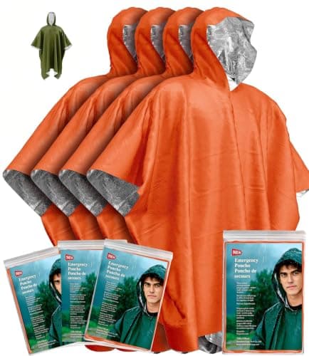 Emergency Survival Poncho (4pc) Thermal Mylar Foil Coating Blanket for Heat Retention and Rain | Reversible with Hood | Waterproof, Windproof, Portable (UK, Numeric, 40, Regular, Regular, orange)