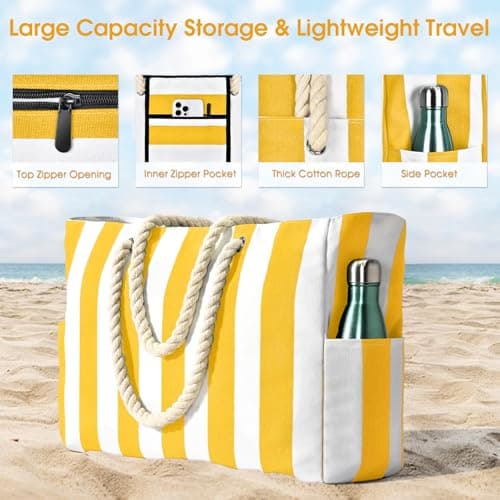 Becokan Beach Bags for Women Stripe Large Beach Tote Bag, Yellow, L — view 5