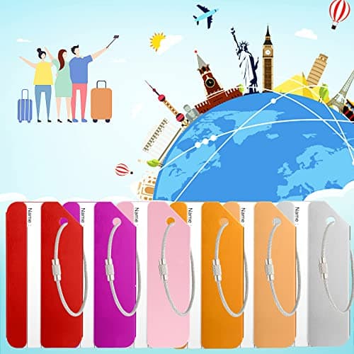 Yizhet Luggage Tags, 6 Pcs Suitcase Tags Aluminum Alloy with Steel Loop & Waterproof Name ID Card for Travel Bag, Checked Luggage, Suitcases, Laptop Bags, Backpacks, 8 x 4cm, 6 Colors — view 2