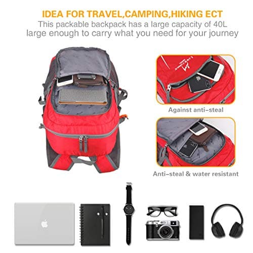 Loocower 45L Ultra Lightweight Foldable Backpack Hiking Daypack Walking Rucksack Water Resistant Packable Camping Mountaineer Outdoor Sport Knapsack for Men Women-Red — view 5