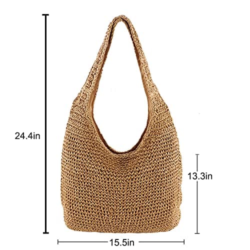 CHIC DIARY Womens Hand-woven Straw Shoulder Bag Large Summer Beach Leather Handles Handbag Tote with Zipper (02-Khaki) — view 6