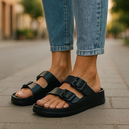 VIVASHOES Women’s Double Buckle EVA Sandals – Lightweight Waterproof Adjustable Slides with Arch Support for Summer, Beach, Pool & Daily Wear – True to Size Good for Wide Fit – Black 3 — view 3