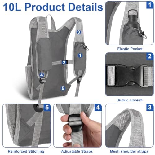 HOTUT Ultra Lightweight Foldable Backpack, 10L Hiking Backpack, Water Resistant Travel Day Bag for Men Women, Packable Rucksack Daypack for Cycling Climbing Travelling Camping Sports Outdoor (grey) — view 3