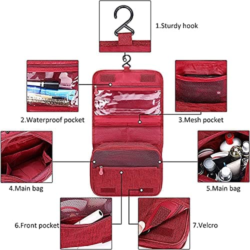 Acopton Portable Hanging Travel Toiletry Bag for Men and Womens Waterproof Bathrooom Shower Bag Multifunctional Cosmetic Makeup Organzier (Wine Red) — view 3