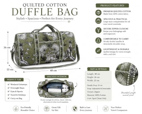 Quilted Cotton Duffle Bag with Jungle Animal Print – Large Travel Holdall for Women, Weekend, Gym & Overnight Bag with Zipper — view 5