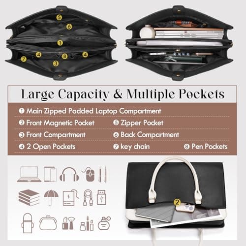 RAINSMORE Laptop Bags for Women 15.6 Inch Ladies Work Bag PU Leather Designer Laptop Handbag Large Laptop Tote Bag for School Computer Business Travel Black and White — view 4
