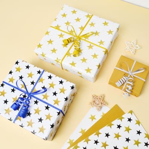 Isaspire Star Wrapping Paper Folder Set - 12 Sheets, 20x29 Inch Each, Adorned with Solid Gold, Black & Gold Star for Boys, Girls, Women, Men, Ideal Gift Wrap for Holiday Birthday Party — view 5