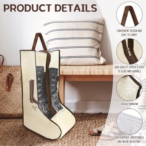 Mritrit Boots Storage, Portable Boots Storage Bag with Handle and Zipper, Dust Proof Welly Boot Bag for Tall Boot, Waterproof Shoe Organizer for Home Storage and Travel, Beige — view 3