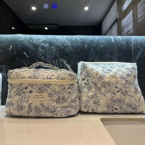 Aucuu 3PCS Coquette Makeup Bag, Quilted Makeup Bag for Women, Floral Cotton Cosmetic Bag Set, Large Capacity Aesthetic Floral Toiletry Bag, Travel Toiletry Bag, Wash Organizer Pouch for Women Girls — view 6