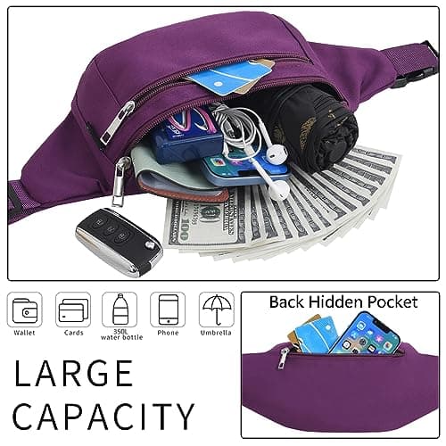 Bumbags Waist Fanny Packs for Men Women Fashion Bum Bag with Adjustable Belt for Sport Running Hiking Jogging Travel Cycling Walking Dog Boys Ladies (Purple) — view 3