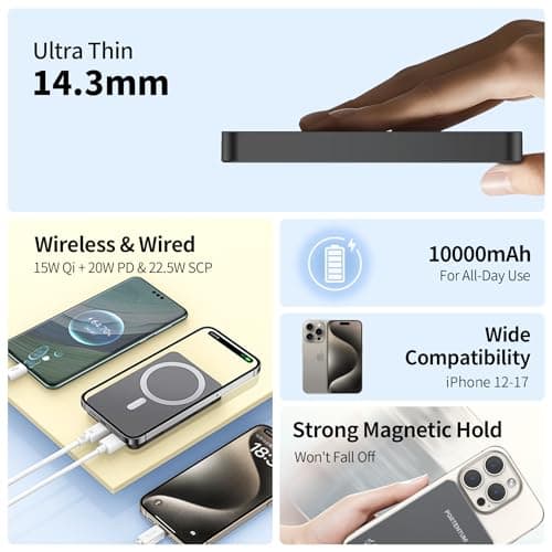 PORTENTUM MagSafe compatible power bank fast charging 10000 mAh ultra-slim 14 mm – Portable charger magnetic 22.5W PD & QC – Qi 15W wireless – Battery pack USB-C + USB-A for iPhone Smartphones Tablets — view 3
