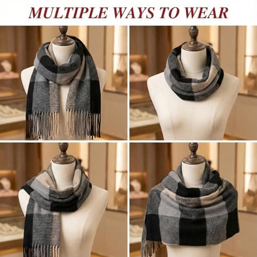 Women's Checked Winter Scarf, Charcoal Grey and Beige, Fringed Ends — view 4