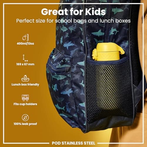 ION8 Lightweight Steel Kids Water Bottle, 400ml/13oz, Non-Insulated, Leak Proof, Easy to Open, Secure Lock, Dishwasher Safe, Fits Cup Holders, Carry Handle, Metal Water Bottle, Yellow — view 2