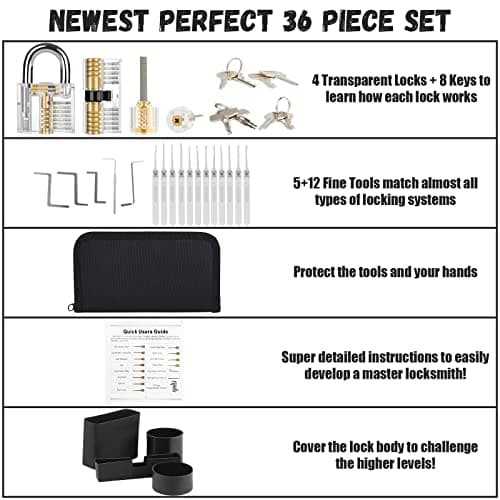 Lock Pick Set, [Difficulty Upgraded] [36 Pcs] Diyife Premium Practice Lock Picking Tools with 4 Transparent Training Padlocks for Lockpicking, Guide for Beginner and Locksmith Training (Titanium) — view 2