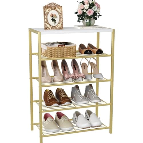 HOME BI 5-Tier Shoe Rack, Metal Shoe Storage Organizer, Modern Shoe Stand, Durable Shoe Shelf for Closet, Hallway, Entryway, Living Room,Gold