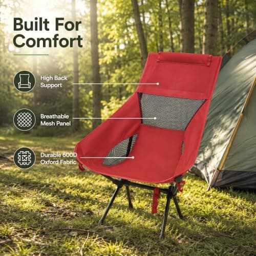 HomlyPro High Back Camping Chair with Wide Feet & Carry Bag, Pack of 1 - Ultra Lightweight & Compact Foldable Chair for Adults, Ideal for Beach, Garden, Picnic, Fishing & Travel (Red) — view 4
