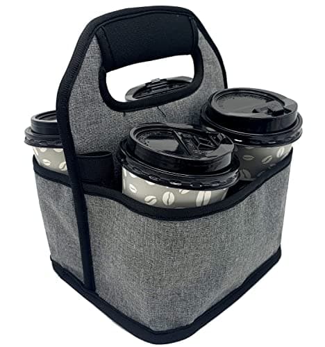 KOSTOO Portable Drink Carrier and Reusable Coffee Cup Holder for Hot or Cold Drinks, On-The-go Water Bottle Cup Caddy with Adjustable Elastic Fastening Strap, Gray (Gray-4 Pockets)