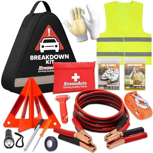 Xtremeauto Car Breakdown Emergency Kit – Roadside Car Safety Kit with Warning Triangle, Hi-Vis Vest, Tow Rope, Jumper Leads, First Aid Kit & Storage Case – Essential Car Kit for UK & Europe