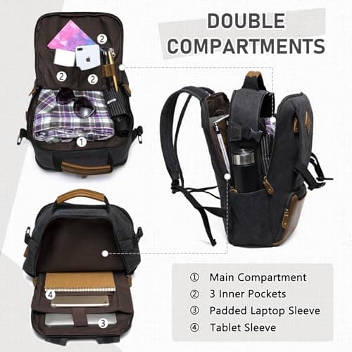Kasgo Backpack for Mens, Vintage 15.6 inch Laptop Rucksack Bag USB Charging Anti-theft Canvas Backpack Casual Daypack School Bag for Women Teens Travel Work Hiking Camping Business, Black — view 4