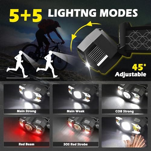 Hyted Head Torch Rechargeable, 2 Packs Super Bright 2000 Lumens LED Headlamp Headlight with Motion Sensor, 10 Light Modes, Waterproof Headtorch for Camping, Running,Cycling,Fishing — view 3