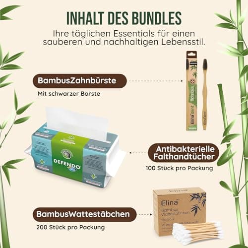 ebrando Hygiene Bundle (3 Pieces) - Antibacterial Folding Towels 100 Pieces + 1 Bamboo Toothbrush Black + 200 Bamboo Cotton Buds - Ecological Eco Friendly Set — view 2