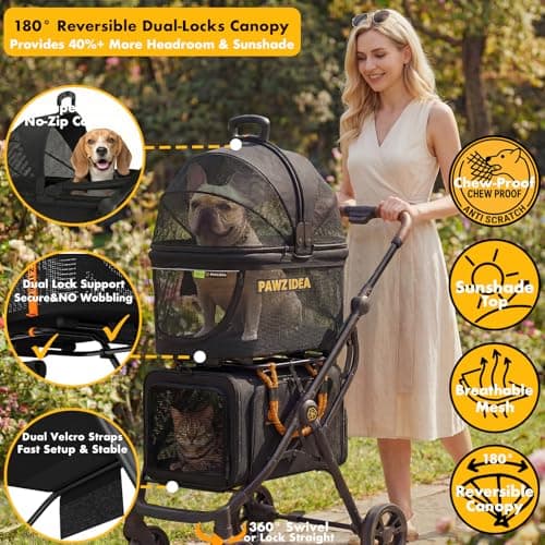 PAWZIDEA Double Pet Stroller, Foldable Cat Pram with 2 Detachable Carriers — view 2