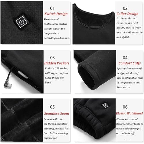 AHSBND Thermal Underwear Heated Underwear Set: Functional Underwear Ski Unisex 30 Heating Zones Washable Winter USB Electric Heating 3 Temperature Control for Camping (Black Trousers, M) — view 5
