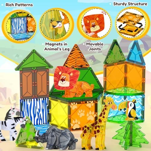 Oriate Magnet Safari Animals Magnetic Tiles Blocks, 30pcs Movable Joint Zoo Animals with Magnetic Building Construction Magnet Tiles, Lion Zebra Giraffe Kids Educational Animal Toy Zoo Travel Set — view 4