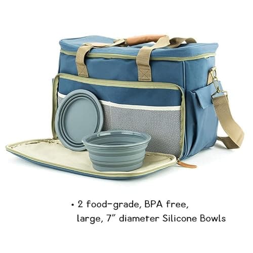 Posh Pooch Dog Travel Bag Pet Multi-Use Dog Outdoor Bag with Locking Safety Zippers, Food and Accessory Bag for Traveling For Dogs, Cats & Pets Includes Bowls, Matt, Tag & Shoulder Strap (Blue) — view 3