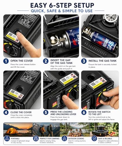 Greenfields Portable Camping Stove Gas Cooker with Piezo Ignition, Compact Butane Burner with Carry Case, Adjustable Flame Outdoor Cooking Stove Camping Picnic Travel (Camping Stove + 4 Butane Gas) — view 4