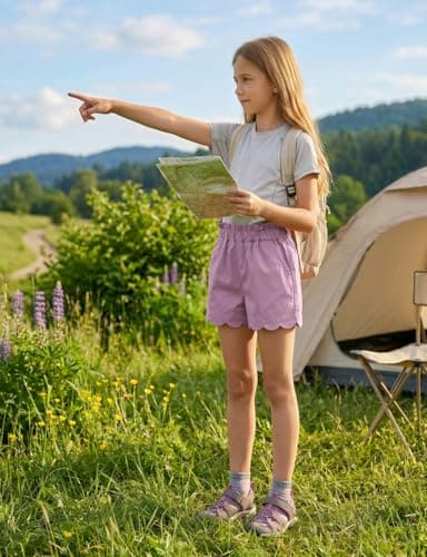 Spring&Gege Girls' Summer Shorts, Elastic Waist with Ruffled Hem & Side Pockets,Soft Cotton Shorts for Back-to-School Season Outdoor Activities, Beach & Casual Attire(White,9-10 Years) — view 5
