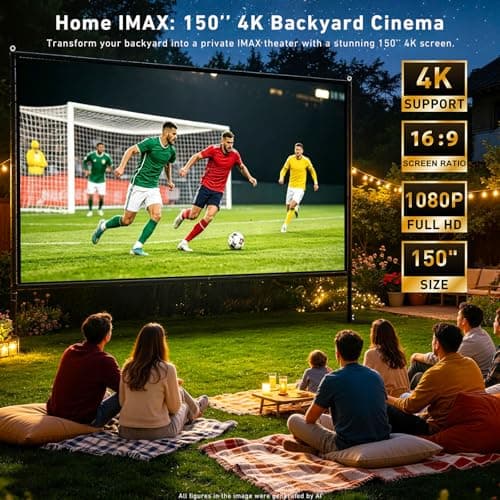 150 inch Projector Screen with Stand, 16:9 4K HD Portable Outdoor Movie Screen, Wrinkle-Free Foldable Indoor Projection Screen with Carry Bag & Ground Nails for Backyard Cinema Home Theater — view 2
