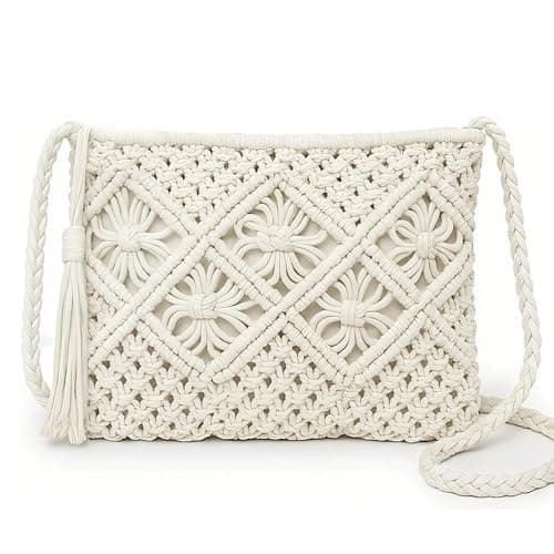 HRCOYES Cross Body Bag for Women, Handwoven Crossbody Purse, Summer Beach Straw Messenger Bag, Woven Cotton Handmade Shoulder Handbag (white)