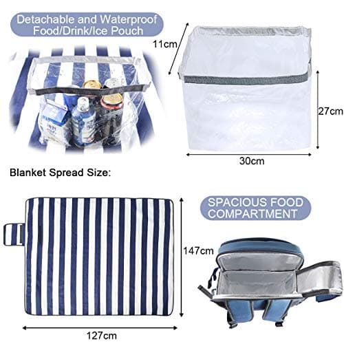 Sunflora 4 Person Insulated Picnic Backpack Rucksack with Blanket & Waterproof Pouch for Camping Picnic Hiking and BBQ (Blue & Stripe) — view 5