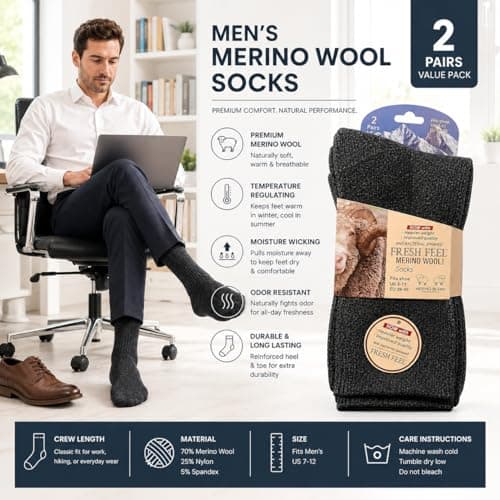 COSHAL® 2 Merino Wool Socks Men's Wool's Warm Thermal Socks Winter Wool Walking Hiking Socks Mens Outdoor Indoor Thick Warm Socks Size 6-11 Charcoal — view 4