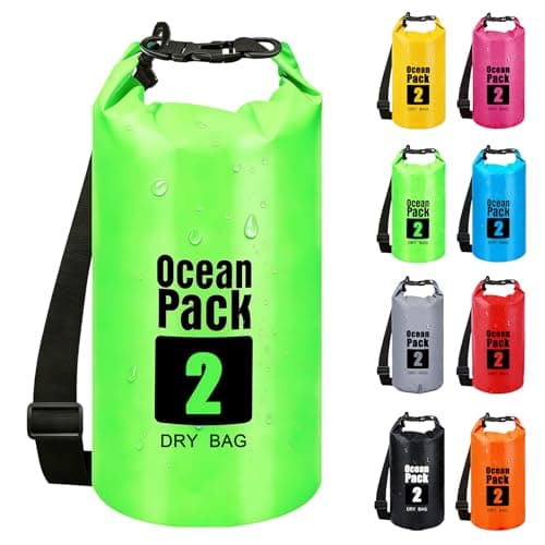 RONGZUBAT 2L Waterproof Dry Bag, Small Roll Top Dry Sack for Phone, Keys and Essentials, Lightweight Waterproof Bag for Kayaking, Paddle Boarding, Beach, Swimming, Camping and Travel - Green