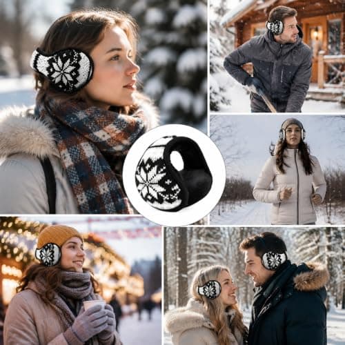 Unisex Winter Earmuffs, Foldable Behind Head Knitted Wool Ear Warmers with Adjustable Elastic Band, Snowflake Pattern Thermal Earmuffs for Outdoor Cold Weather Activities Travel — view 5