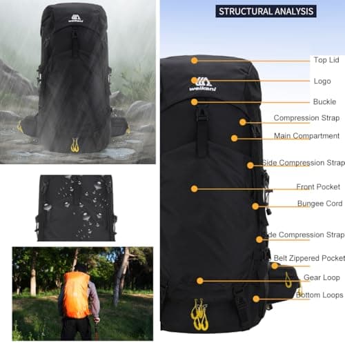 Hnayett 60L Hiking Backpack Waterproof Rucksack Large Camping Bag with Rain Cover for Men Women Lightweight Back Pack for Trekking Walking Cycling Climbing Travelling Outdoor Sports — view 3