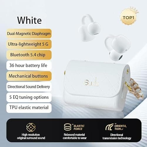 BUDZ Wireless Earbuds with Gift Box for Women, Bluetooth 5.4 Headphones with leather bag, Hi-Fi Dual-Magnetic Diaphragm Earphone, 36H Battery, ANC, 360° Spatial Immersion (Pearl White) — view 2