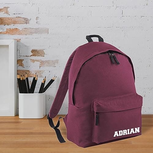 Print Maniacs Personalised School Backpack Large 18L Kids Travel Rucksack Junior Shoulder Collage Rucksack Back To School Lunch Swimming P.E Laptop Book Bag Small Name (Burgundy) — view 6