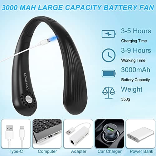 LYMYBETY Portable Neck Fan, Rechargeable Hanging Bladeless Hands Free Fan with 3 Speeds, 3000 mAh Battery Operated Wearable Personal for Men Women Kids Home Office Travel Outdoor (Black, T36) — view 5